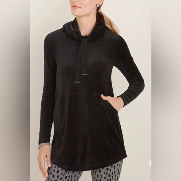 Zenergy by Chico's Tops - CHICOS Zenergy Black Velour Funnel-Neck Tunic Pullover Drawstring Cozy Size 3(L)